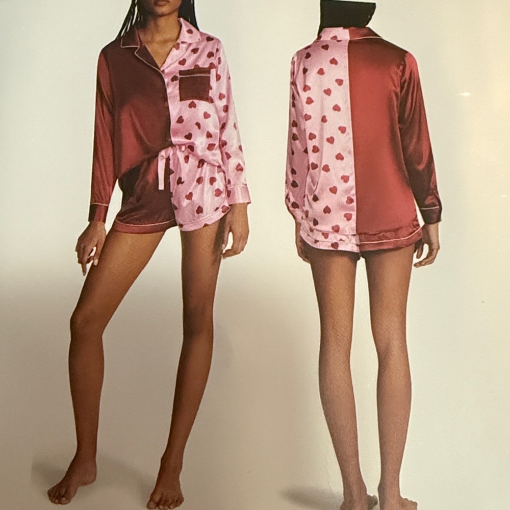 BB Dakota Satin Notch Collar PJ Set in Burgundy and Pink Heart Print - Picture 5 of 5